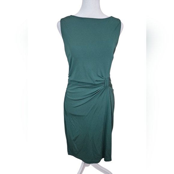ANN TAYLOR Stretch Jersey Sheath Boat Neck Ruched Midi Dress In Teal. Size 4 NWT - Picture 1 of 15